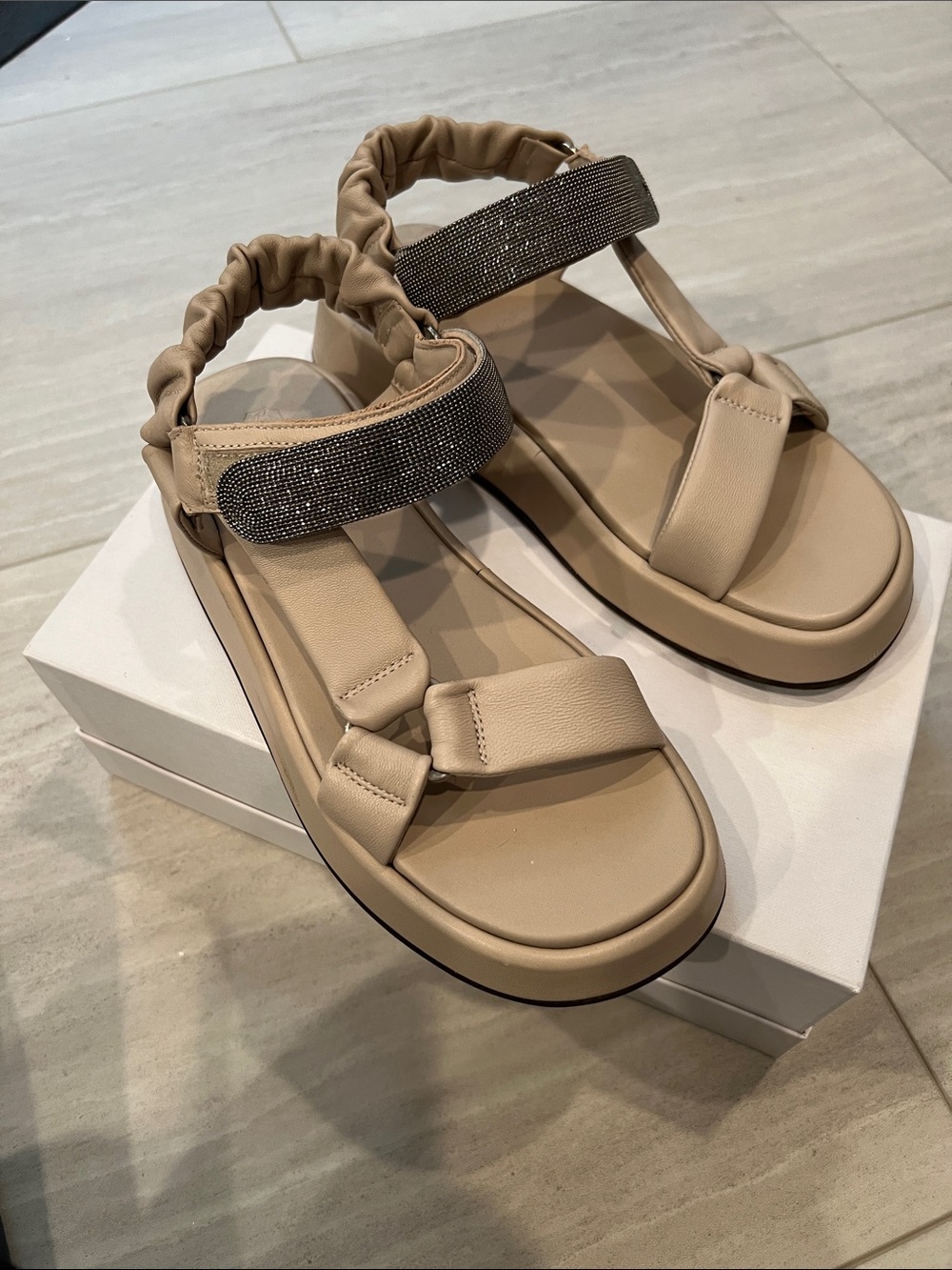 Brunello Cucinelli Beige Crystal-Embellished Platform Sandals